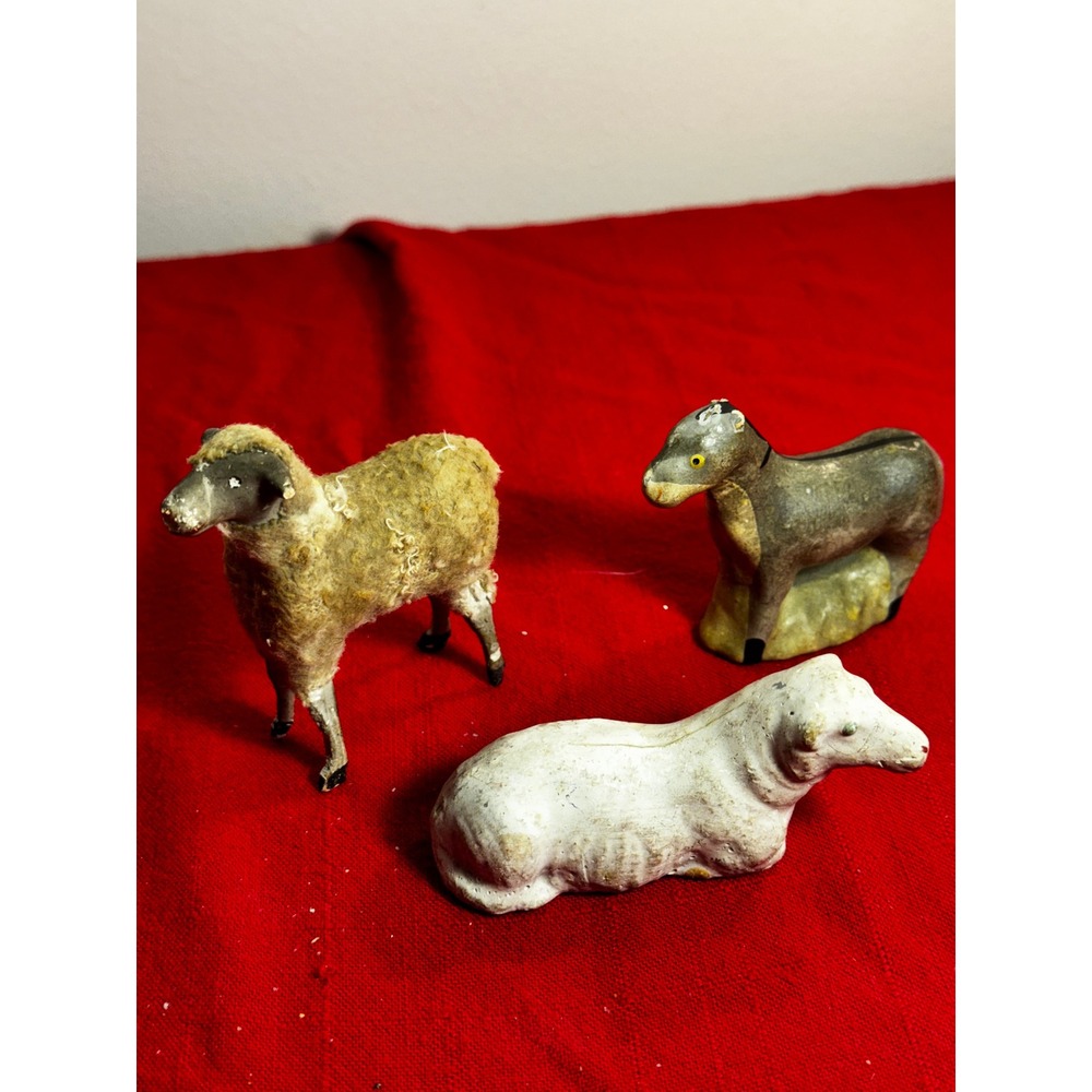 Vintage German Erzgebirge Putz Sheep & Chalkware Lamb Mule Nativity Figures Lot